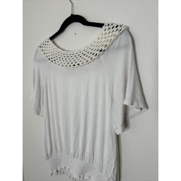 Jessica Simpson Women's Stefan Lace Shoulder Hugger Smock Hem Top Gardenia Sz M - Picture 7 of 7